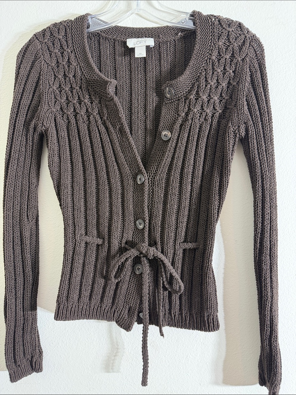 LOFT Brown Ribbed Knit Button-Front Cardigan with Waist Tie